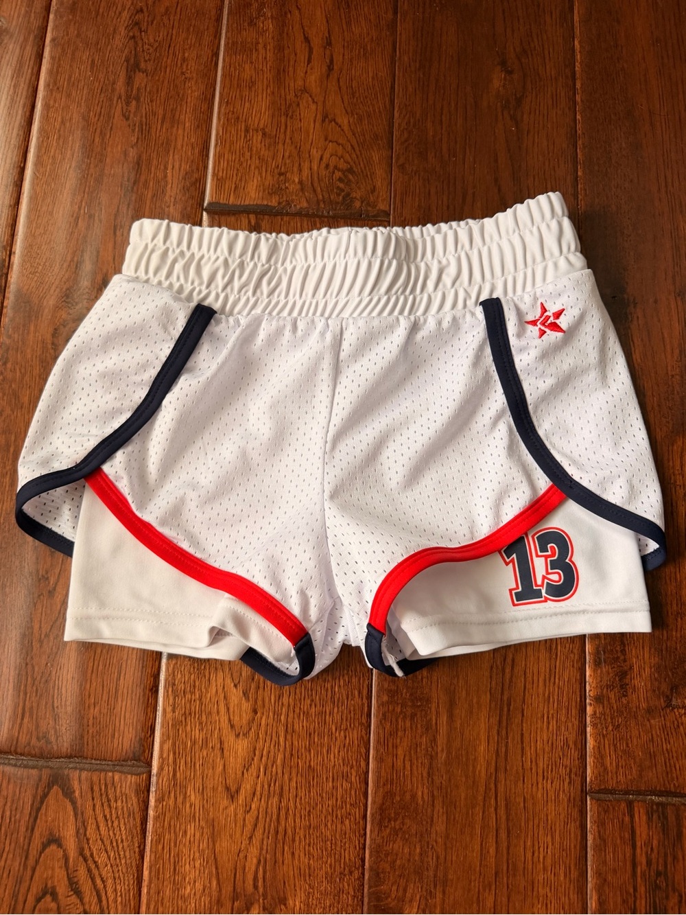 Girls' White Athletic Mesh Shorts with Red & Navy Trim